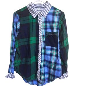 AERIE mixed print plaid striped flannel cotton button-down‎ shirt blue green XS